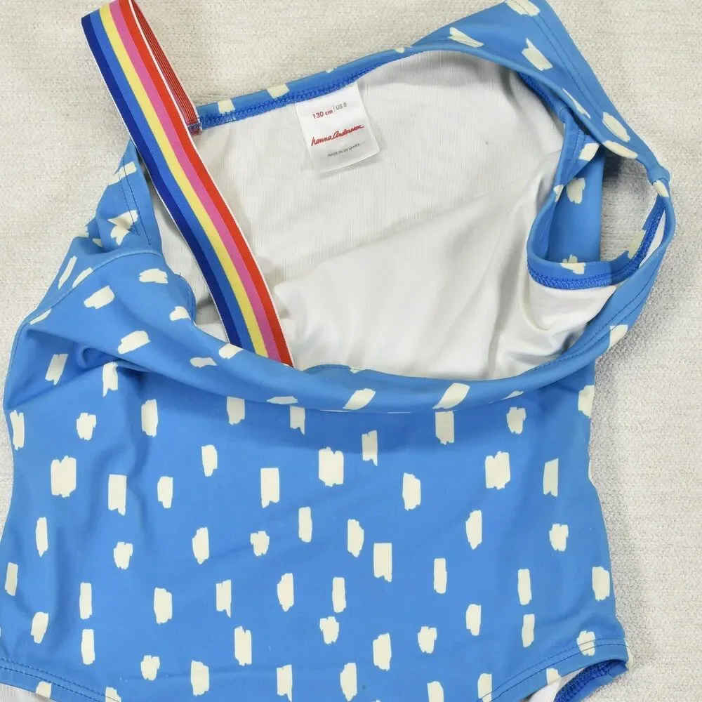Hanna Andersson Girls Size 8 One Piece Swimsuit Blue Dot Rainbow Stripe Strap